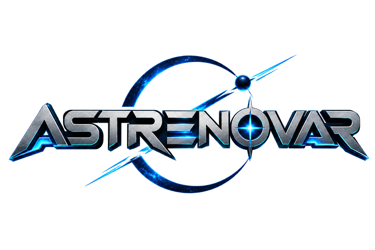 Identité visuelle Astrénovar : logo métallique et univers spatial bleu.