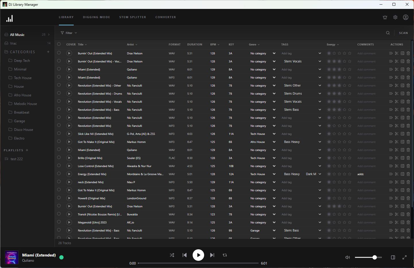 Bibliothèque de DJ Library Manager avec morceaux, genres, tags et lecteur audio.