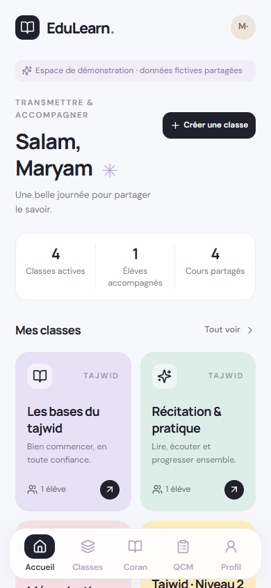 Accueil professeur EduLearn sur mobile : classes, élèves et cours.